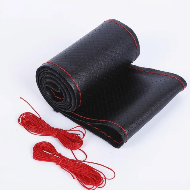 Car Steering Wheel Cover Braid Soft Texture Car Covers With Needles And Thread Artificial Leather Car Styling Covers 2-red and black