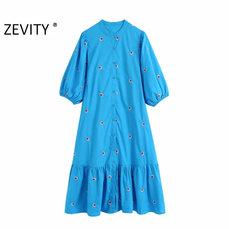 Zevity New women vintage o neck flower embroidery shirt dress chic lady hem pleats ruffles vestidos straight midi dresses DS4171