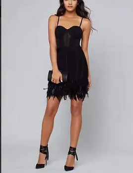 

Bandage Dress High Quality Sexy Strap Black Feathers V-Neck Slip Rayon Evening Party Dresses