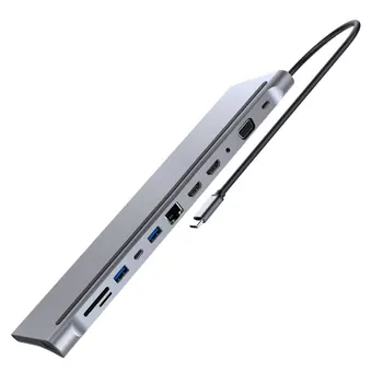 

TH1201 12 in 1 Type-C Gray USB3.0 USB2.0 2 HDMI Cards Reader Charger Hub for Household Computer Accessories