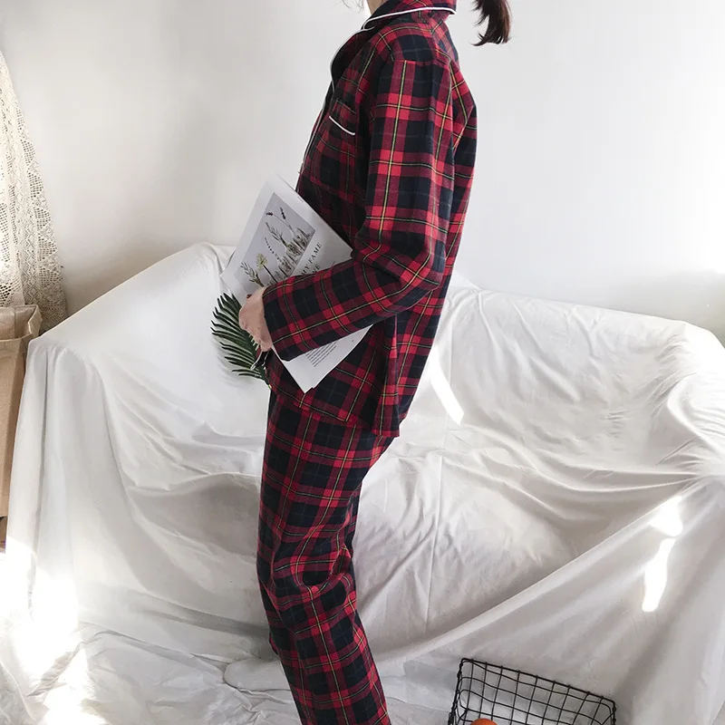 Новая Осенняя пижама с длинными рукавами, Женская Удобная Повседневная Хлопковая пижама с лацканами, красная сетчатая Женская пижама, комплект для отдыха, Pj