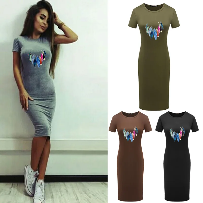 

Women Summer Short Sleeve Feather Print Dresses Stretcon Party Maxi Tight h BodycWomen Pencil Dress Elegant Slim Bodycon Dress