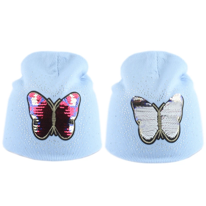 Girls Baby Beanie Winter Hat For Kids Cartoon Butterfly Sequin Winter Cap Children Warm Knitted Rhinestone Skullies Beanies