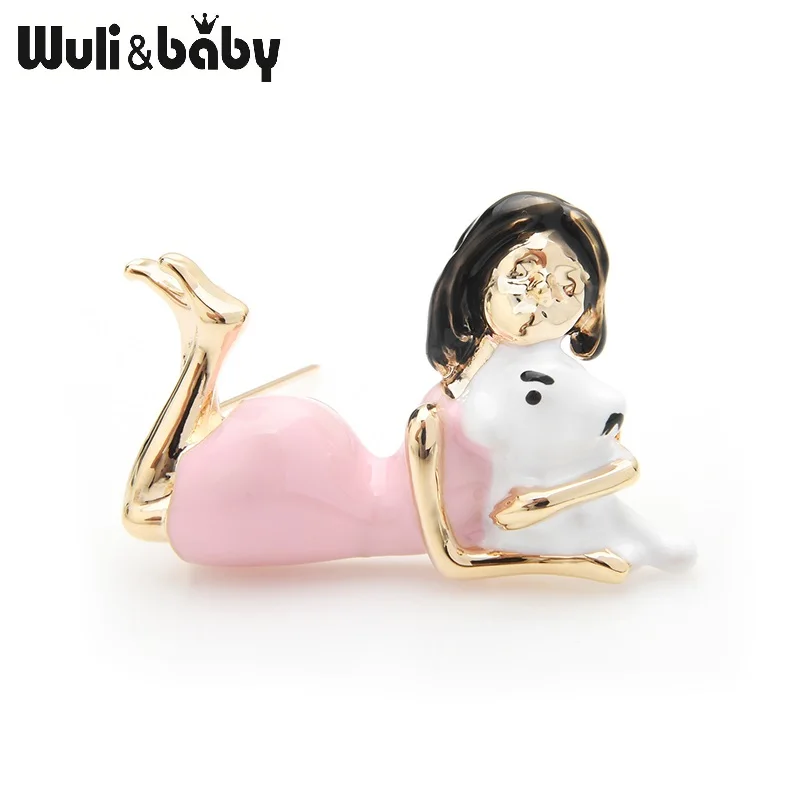 

Wuli&baby Pink Dress Girl Hugging Dog Brooches Women Alloy Enamel Animal Casual Party Brooch Pins Gifts