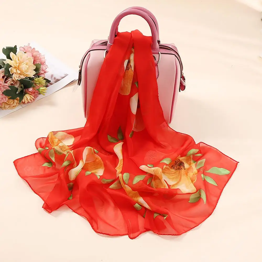 

New Luxury Pure Silk Scarf Shawl Women Spring Autumn Long Flower Print Scarves Ladies Brand Silk Neck Scarf Foulard 160*50CM