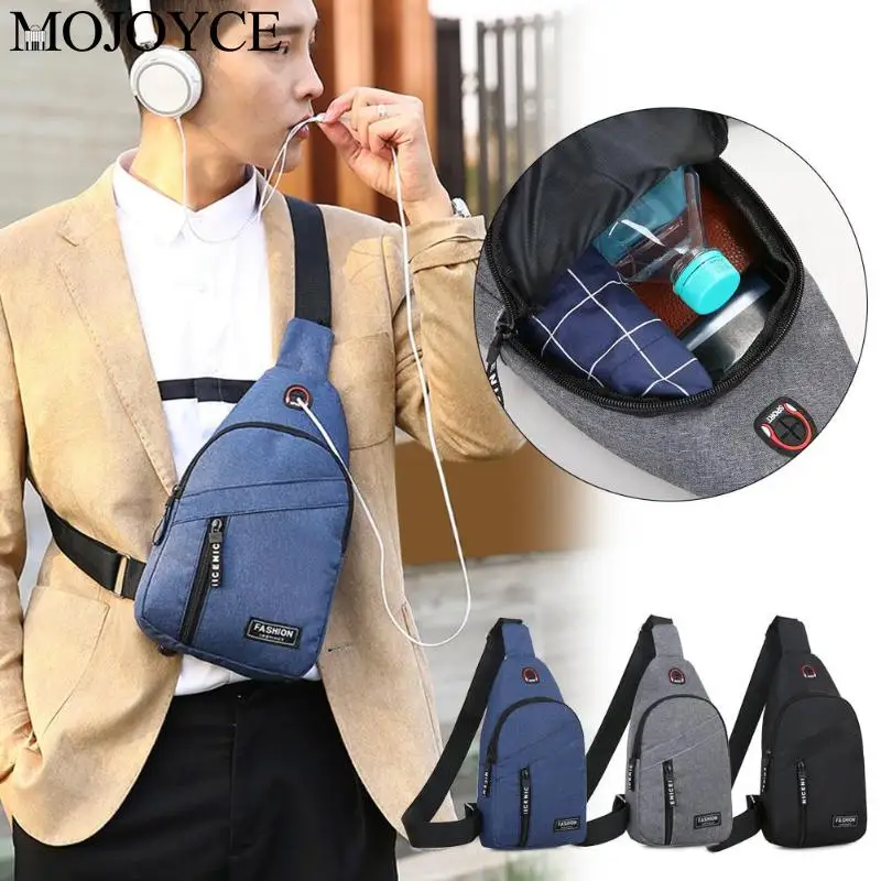 Fashion Solid Color Men Crossbody Chest Sling Bags Oxford Cloth Shoulder Messenger Sports Handbags with Headphone Hole