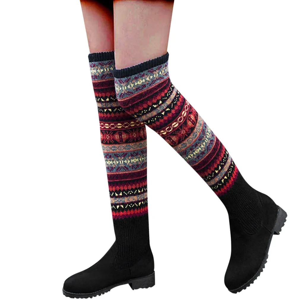 Spring Winter New Women Winter Warm Med Heels Cool Retro Slip On Kneeth Sexy Snow Boots Shoes long boots sock boots#O18