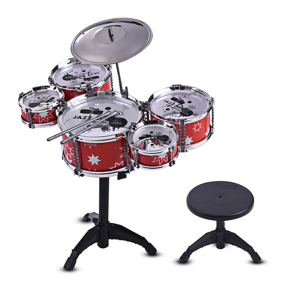

Jazz Drum Set Children Kids Kit Musical Educational Instrument Toy 5 Drums + 1 Cymbal with Small Stool Drum Sticks for Kids