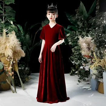 

Flower Girl Long Dress Autumn Winter new Wine Red Velvet Show Princess Party Dress Piano Performance Clothes for Girl TB001