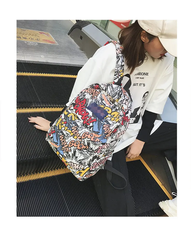 New backpack female cartoon alphabet doodle personality wild backpack men and women shoulder bag mochila