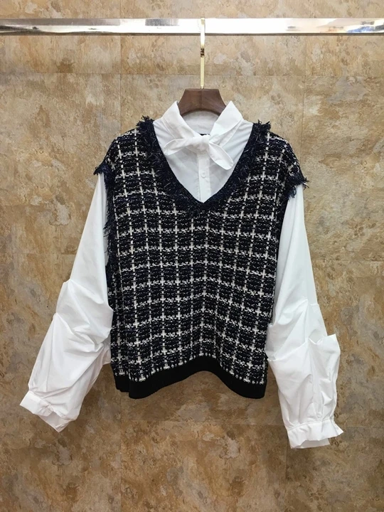 Autumn Early New Female Tie, Colour Matching and Splicing Fabric, Lattice Decoration, Long Sleeve Bottom Jacket 919