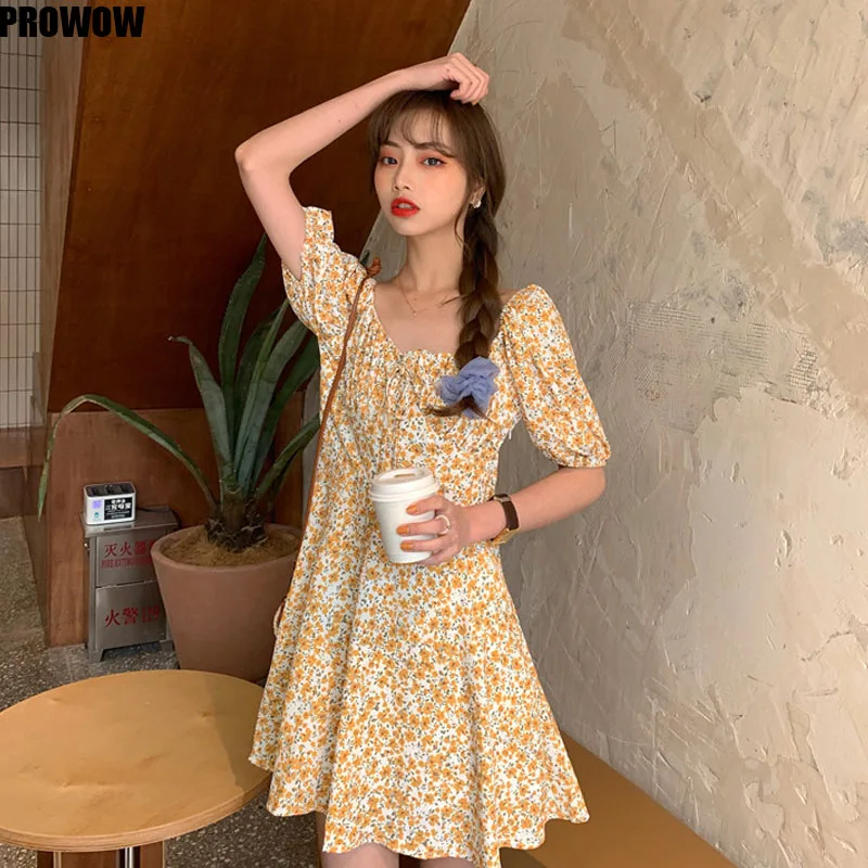 2020 Women Korean Floral Dresses Summer Slim Waist Mini A-Line Dresses Lace Up Puff Short Sleeve dress Vestidos Femme