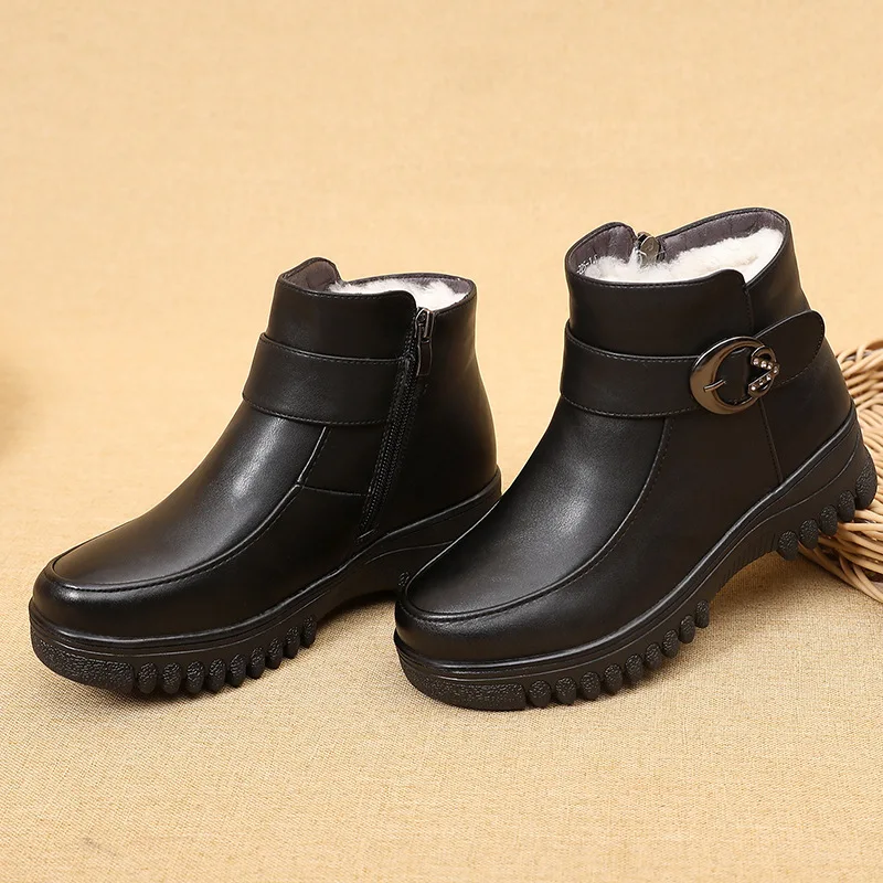 New Women Genuine Leather Boots High Heels Platform Ankle Boots Ladies Buckle Shoes Woman Warm Waterproof Round Top Shoe g675