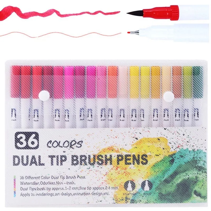 

36PCS Colors Fine Liner Drawing Painting Watercolor Markers Pen Art Dual Tip Brush Pen School Supplies Stationery 04350