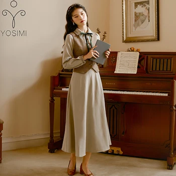 

YOSIMI 2020 Autumn Winter 2 Piece Outfits Women Sets Full Sleeve Ankle-Length Dress and Wool Blends Vest Khaki 2piece Set Suit