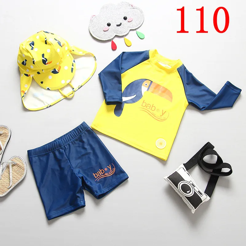 Купальный костюм для маленьких мальчиков из 3 предметов; детский купальный костюм; UPF50+ купальный костюм с длинными рукавами и защитой от солнца для маленьких мальчиков - Цвет: SIZE 110 - 881913