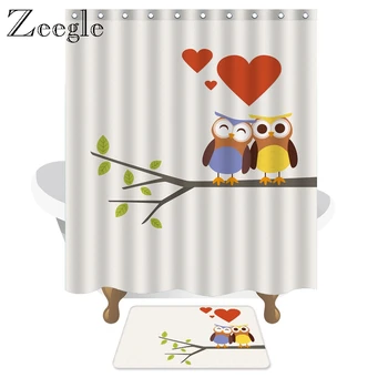 

Zeegle Bathroom Curtain and Rubber Doormat Anti Slip Bathroom Floor Mat Waterproof Shower Curtain Owl Cartoon Printed Toilet Set