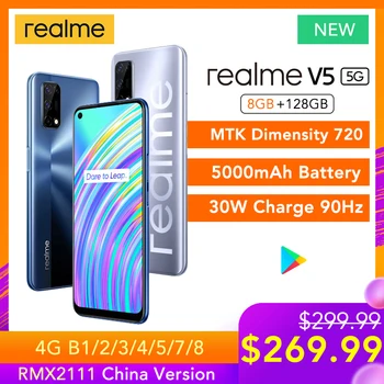 Перейти на Алиэкспресс и купить Realme V5 5G 8 ГБ ОЗУ 128 Гб ПЗУ Helio 720 90 Гц Дисплей 30 Вт флэш-зарядка 5000 мАч 48мп камера Поддержка многоязычного воспроизведения