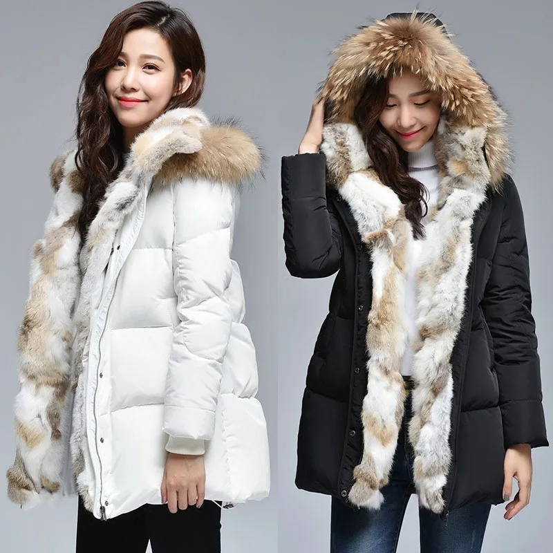 

Winter Wadded Jacket Women Natural Rabbit Liner 2020 New Thick Raccoon Fur Collar Overcoat Abrigos Mujer Tops LX1285