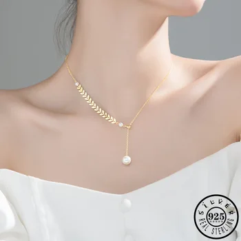 

925 Sterling Silver Round Shell Pearl Pendant Gold Color Plated Adjustable Chain Party Leaf Shape Chokers Necklaces for Women