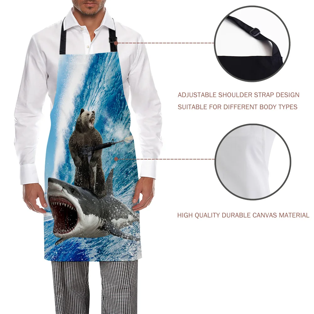 Kitchen Apron Funny Bear Shark Machine Gun Wave Adjustable Bib Canvas Aprons For Women Cooking Baking Restaurant Apron Pinafore