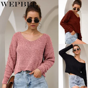 

WEPBEL Casual Solid Fashion Long Sleeve V-Neck Women Clothing Autumn Winter Sweater Tops Loose Slim Sweater Pullover