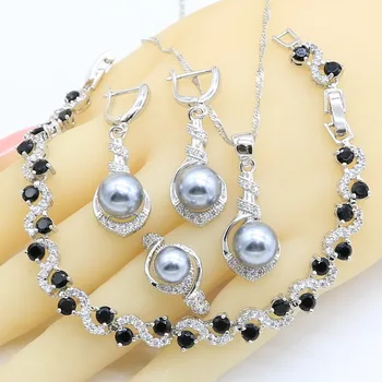 

Geometric Gray Pearl Silver Color Jewelry Sets for Women Black Zircon Bracelet Earrings Necklace Pendant Rings Gift Box