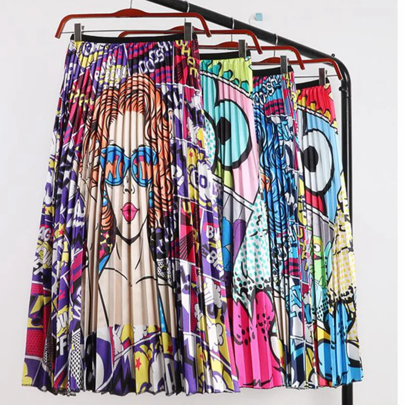 

Spring And Summer New Style Western Style Cartoon Figure Printed Skirt A- line Mid-length Fun Big Hemline Pleated Skirt Children