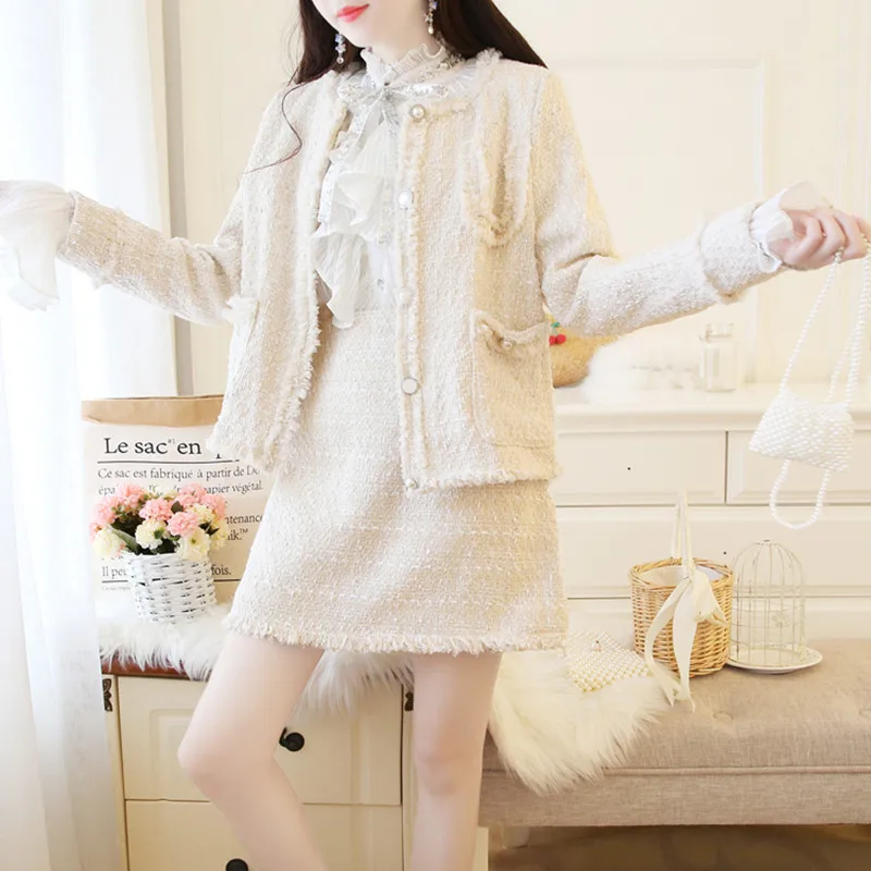 Женский твидовый костюм из двух предметов с кисточками однобортное пальто