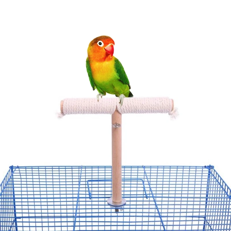Natural Wood Bird Perch Stand T-shaped Bar Cotton Rope Cage Grinding Toy bird cage perches