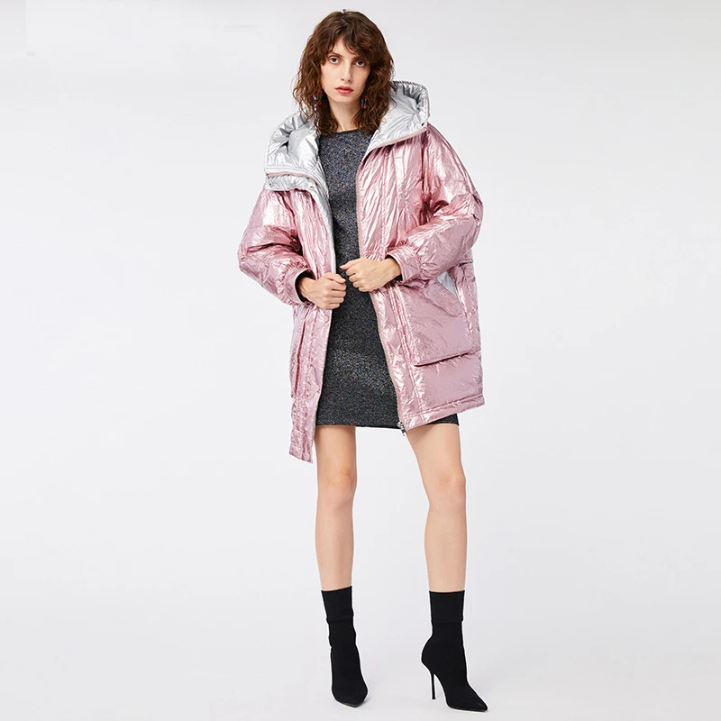 new women winter medium-long down jacket bright bread coat with silver interior windproof paded outerwear with large pocket