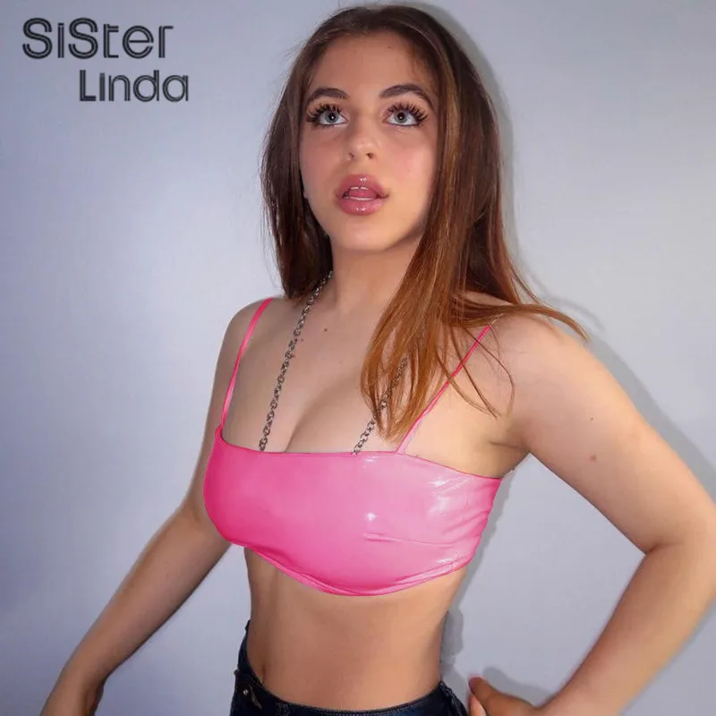 Одноцветные розовые кожаные топики Sisterlinda с низким бюстом, мини топики для женщин, Короткие топы, базовые Топы, женские вечерние топы