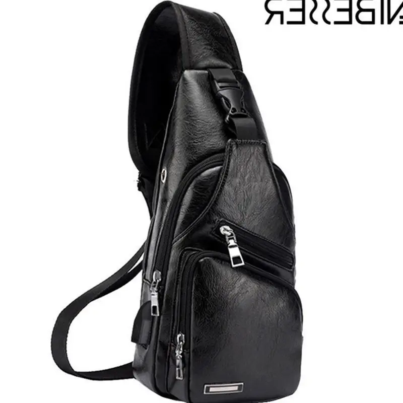 

Chest Bag Men Leather Chest Pack USB Backbag