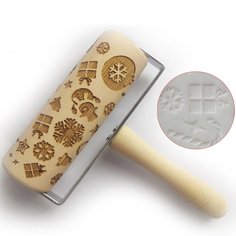 Push-Style Christmas Embossing Rolling Pin Printed Cookie Dough Stick Fondant Tool Baking Noodle Cake Dough Engraved Roller