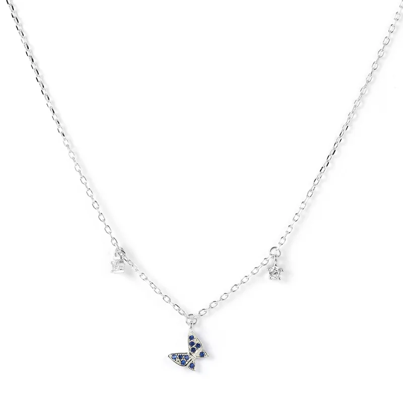 

S925 Fine Silver Blue Butterfly Necklace Women's Korean-style Choker Necklace Simple Elegant Students Japanese Korean MORI Serie