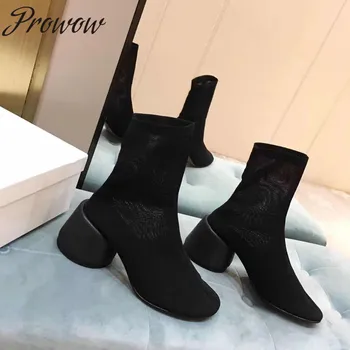 

Prowow Balck Luxury Design Breathable Mesh Knitted Ankle Autumn Fashion Boots Round Heel Slip On Boots Shoes Ladies