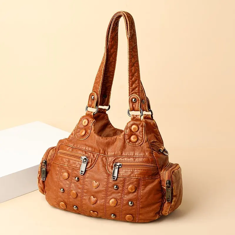 

trend designer ladies handbag rivet female soft washed PU leather bag ladies retro handbag shoulder bag ladies fashion handbag