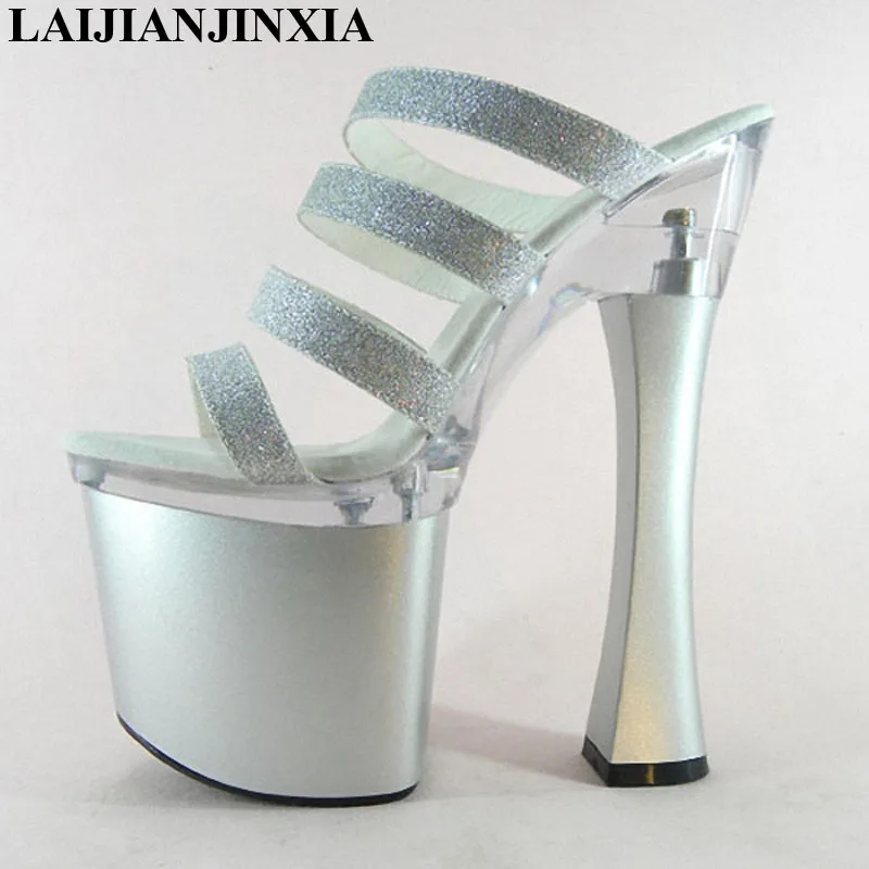 

LAIJIANJINXIA New Sexy Glitter 18cm Ultra High Heels Sandals Fashion 7 Inch Platforms Shoes Spool Heel Party Slippers