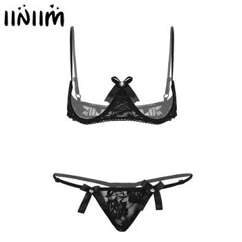 

Womens Lace Exotic Lingerie Set Sexy Underwear Spaghetti Straps Bare Exposed Breasts Underwired Shelf Open Cup Bra with G-string