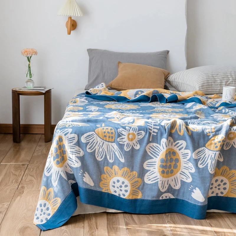 

Spring Summer Gauze Blanket Pure Cotton 5-layer Gauze Throw Blanket Quilt Sunflower Fish Pattern Bed Cover Sofa Shawl Blanket