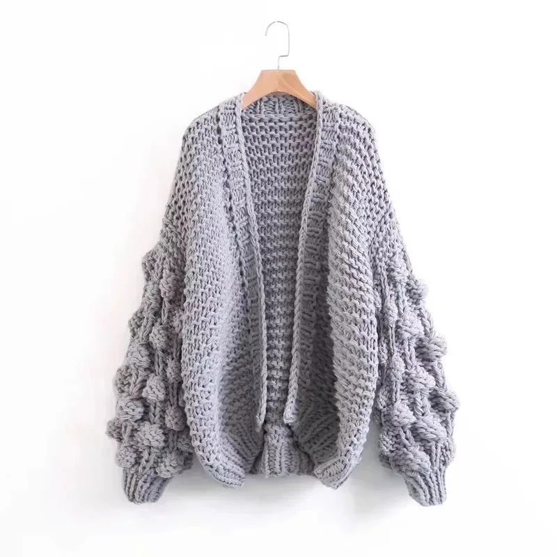 Light Gray Шикарный негабаритный массивный вязаный кардиган осень зима изысканный ручной вязки открытый стежок свитер пальто женский кардиган с пышными рукавами женский - Цвет: Light Gray