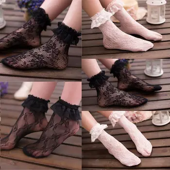 

Summer Hot Sexy Lace Floral Socks Ladies Lace Ruffle Soft Pleats Elastic Fishnet Short Ankle Socks Black White