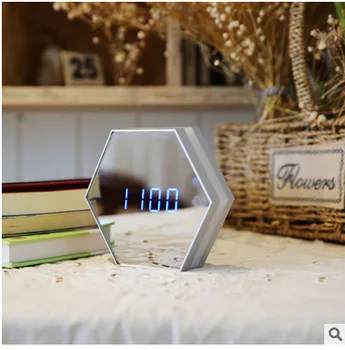 

Portable Mini Hexagon Multi-function Mirror Digital Alarm Clock LED Eye Protection Night Light Bedroom Bedside Clock