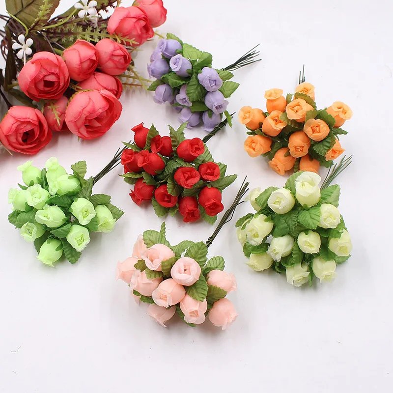 12 Heads/Bundle Silk Roses Small Rose Buds Artificial Flowers For Decoration Home Wedding Party Diy Gifts Box Christmas Garland | Дом и сад