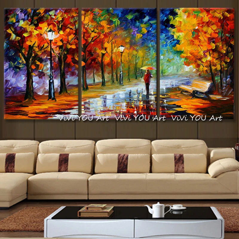 

Large Home Decor Handpainted Lover Rain Street Tree Lamp Landscape Oil Painting On Canvas Wall Art Wall Picture For Living Room