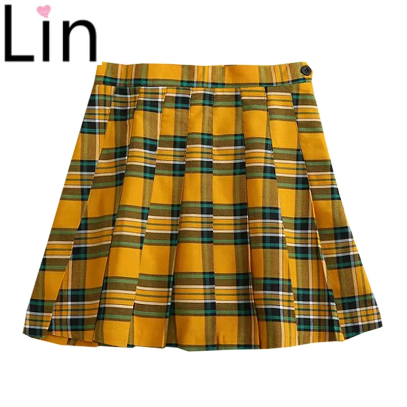 

Wholesale Streetwear Tartan Mini Skirt Punk harajuku plaid Yellow skirts womens Women A-line Skirt Casual Slim Short Skirt