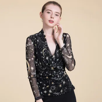 

Autumn New Real Silk T-shirt Women's Slim Fit V-neck Xie Jin Shirt 100% Mulberry Silk Double Layer Printed Base Shirt Tops