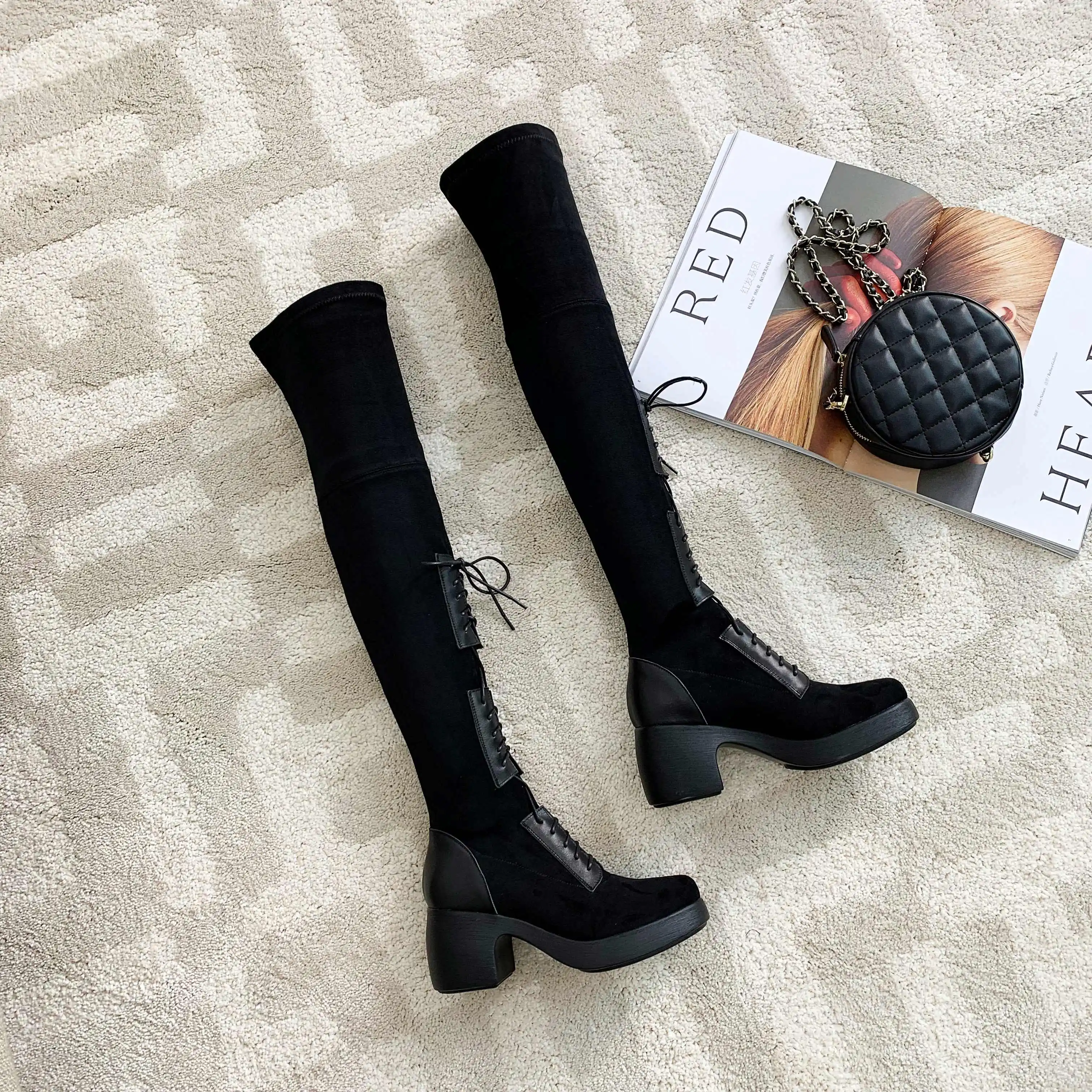 Krazing Pot/Лидер продаж; модные зимние сапоги выше колена из телячьей кожи с круглым носком на высоком каблуке со шнуровкой; L32