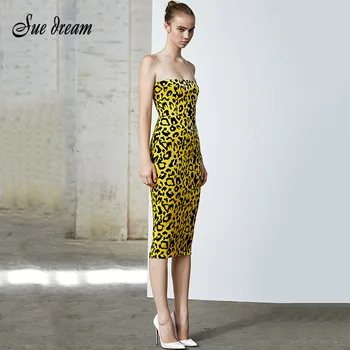 

2020 Winter New Yellow Leopard Midi Dress Women'S Fashion Off Shoulder Bodycon Club Party Dress Vestidos
