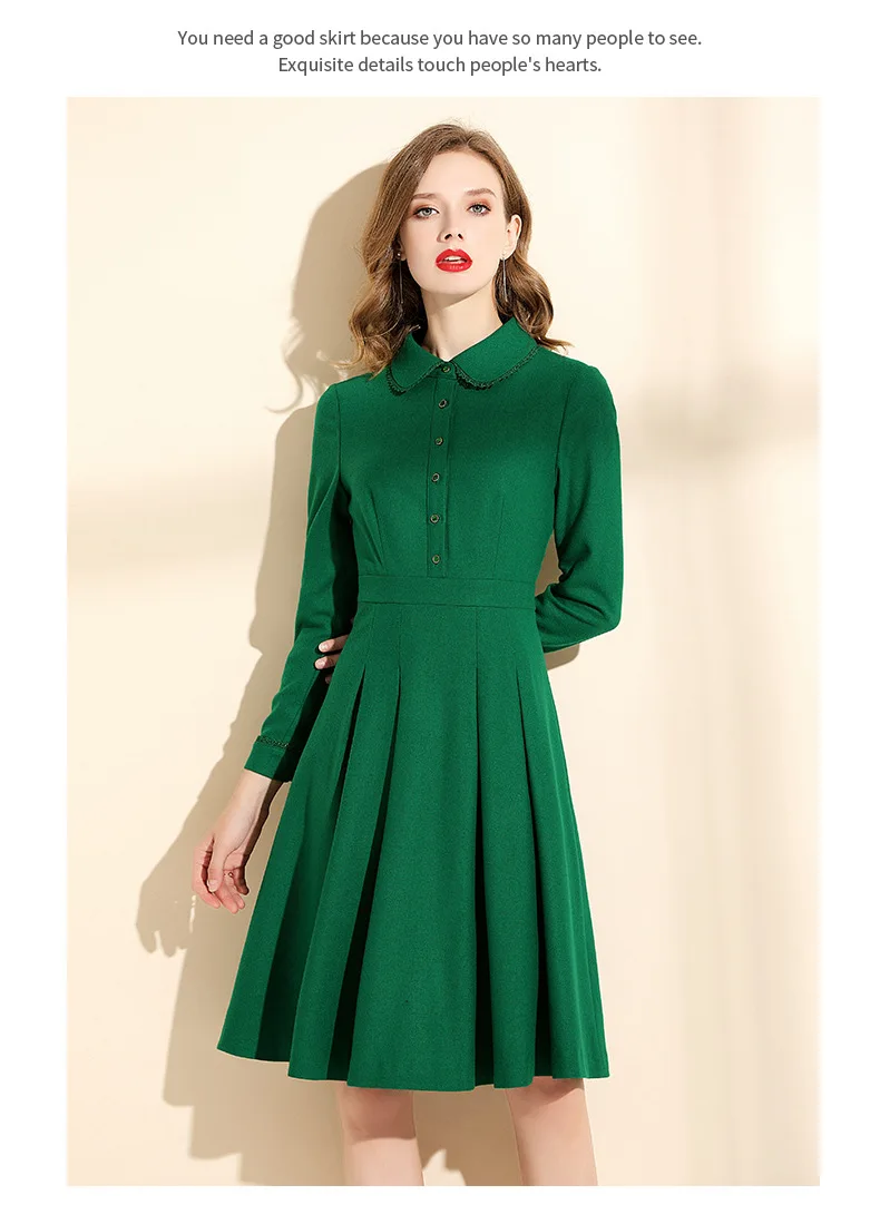 GYALWANA брендовые новые зимние высококачественные зеленые шерстяные платья трапециевидные элегантные винтажные женские Платья До Колена